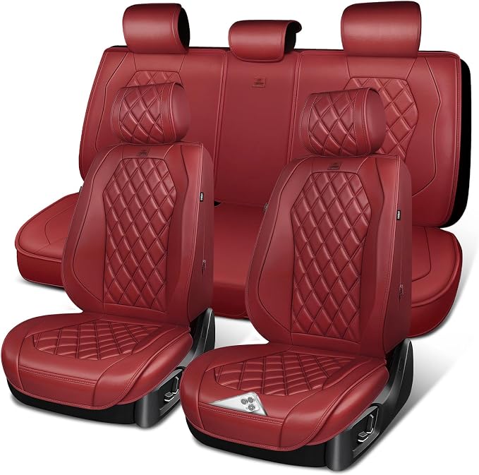 CAR PASS Luxury Nappa Leather Seat Covers Full Set, 3D Rhombus Waterproof Faux Leather Seat Covers, Premium Automotive Seat Cushion Universal Fit for Sedan SUV Truck Van,Airbag Compatible Burgundy Red