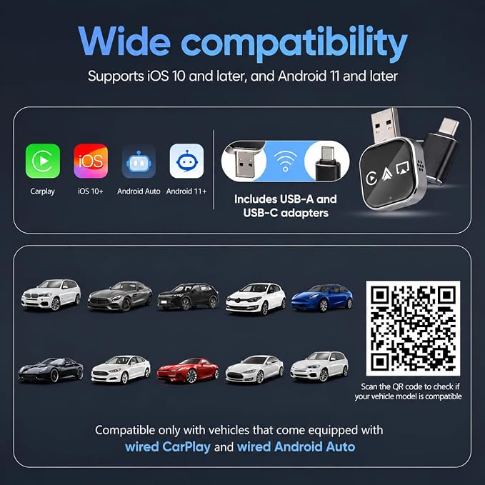 Ciieeo 3 in 1 Wireless CarPlay Adapter for Apple CarPlay & Android Auto, Screen Mirroring Adapter for Car, Wired to Wireless CarPlay Dongle, Auto Connect USB Mini Car Screen Adapter Black 2026