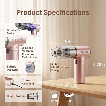 Shop-Vac S4 Handheld Car Vacuum Cleaner Cordless, 16000Pa 3-in-1 Mini Hand Vacuum & Air Duster with Brushless Motor, Multi-Nozzles, Rechargeable, for Car, Office, and Home Detail Cleaning (Champagne)