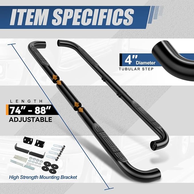 Auto Dynasty 4" Running Boards Retractable and Adjustable Design Compatible with 1999-2011 Chevy Silverado GMC Sierra Extended Cab Crew Cab, Steel Side Step Rail Nerf Bars, Powdercoat Black