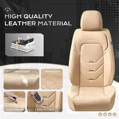 Coverado Car Seat Cover Full Set, Front and Rear Seat Cover for Car, Leather Car Seat Protector, Beige Universal Seat Covers, Waterproof Car Seat Cushion, Automotive Seat Covers Fit for Most Vehicles