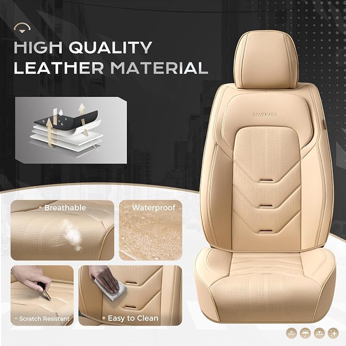 Coverado Car Seat Cover, Front Seat Cover for Car, Waterproof Leather Car Seat Protector, Beige Universal Seat Covers Front Seat, Premium Car Seat Cushion Automotive Seat Covers Fit for Most Vehicles