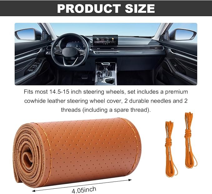 Wevdn Genuine Leather Steering Wheel Cover, Stitch on Wrap, DIY Sewing Steering Wheel Protector, 15 Inch Breathable Non-Slip Steering Wheel Protector, Car Accessories (Brown, Full Hole)