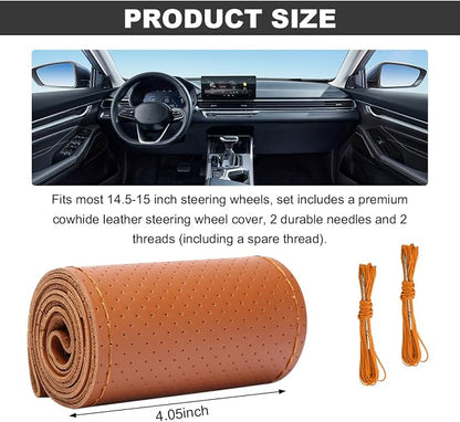 Wevdn Genuine Leather Steering Wheel Cover, Stitch on Wrap, DIY Sewing Steering Wheel Protector, 15 Inch Breathable Non-Slip Steering Wheel Protector, Car Accessories (Brown, Full Hole)