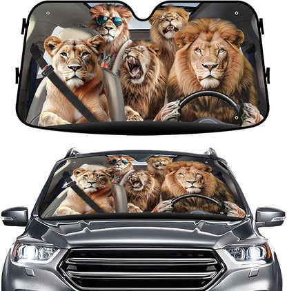GENANY Lion Windshield Cover for Car SUV Truck (55x30 Inches), Foldable Heat Shield, Shades for Front Windows, Protector Blocks UV, Car Decor