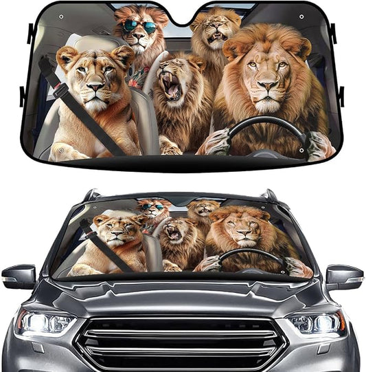 GENANY Lion Windshield Cover for Car SUV Truck (55x30 Inches), Foldable Heat Shield, Shades for Front Windows, Protector Blocks UV, Car Decor