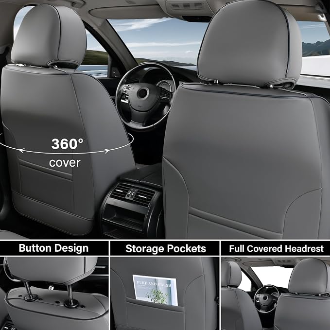 Coverado Car Seat Covers Full Set, Gray Seat Covers for Cars, Waterproof Nappa Leather Automotive Seat Covers with Lumbar Head Pillow, Car Seat Protectors, Universal Fit for Most Cars SUV