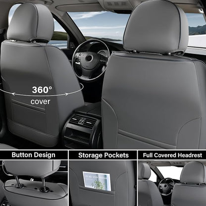 Coverado Car Seat Covers Full Set, Gray Seat Covers for Cars, Waterproof Nappa Leather Automotive Seat Covers with Lumbar Head Pillow, Car Seat Protectors, Universal Fit for Most Cars SUV