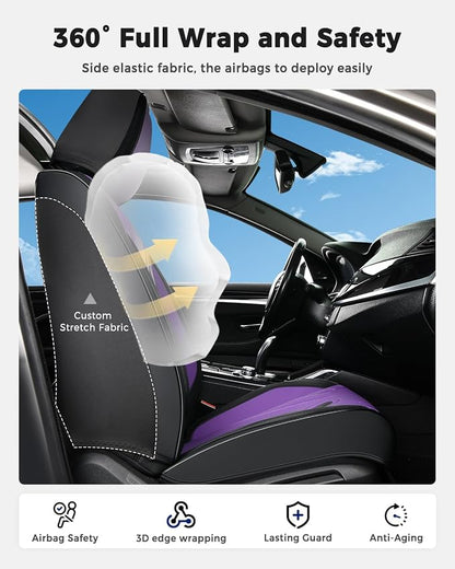 Huidasource Black Purple Front Seat Covers, Universal Fit for Most Cars SUV Trucks, Full Coverage Nappa Leather Seat Cover, Airbag Compatible, Velcro Adjustable, Seat Function Retain