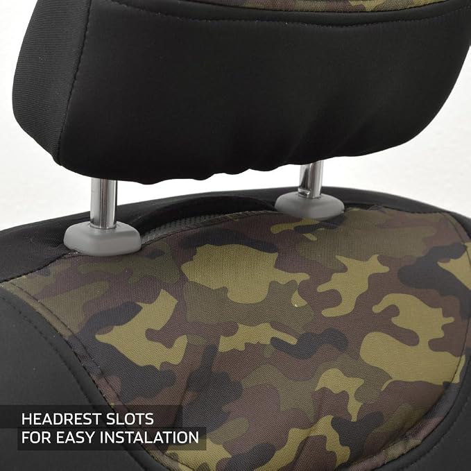 BDK Waterproof Camo Seat Covers for Car Truck Van SUV, 2 Pack – Two-Tone Black & Camouflage, Durable Neoprene Seat Protectors, Sideless Design Compatible with Armrests and Airbags