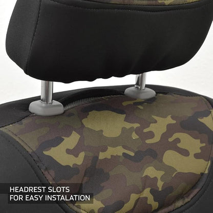 BDK Waterproof Camo Seat Covers for Car Truck Van SUV, 2 Pack – Two-Tone Black & Camouflage, Durable Neoprene Seat Protectors, Sideless Design Compatible with Armrests and Airbags
