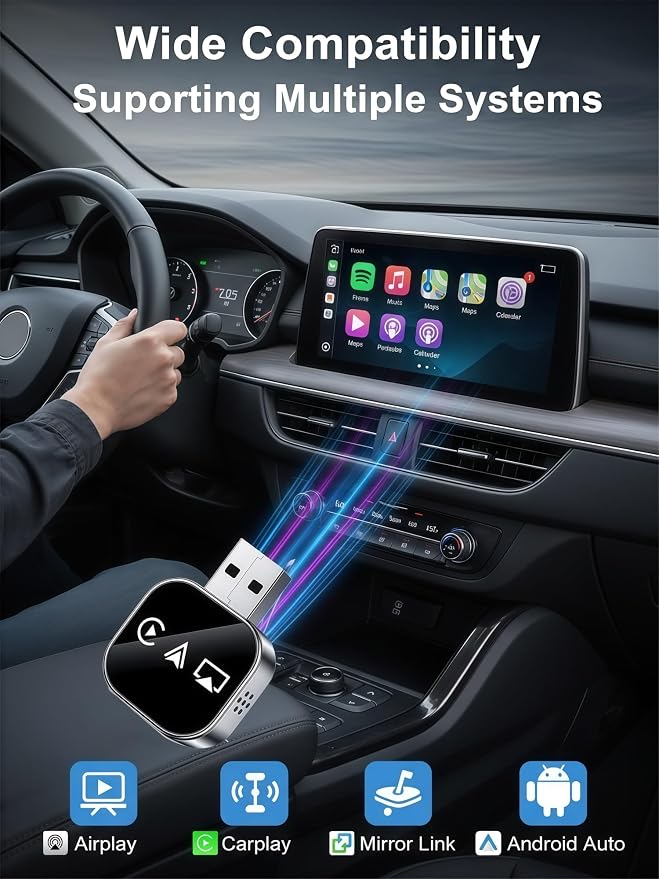 Screen Mirroring Adapter for Car Carplay 2026 Upgraded for iPhone& Android Auto,5.8g WiFi No-Lag Dongle,Wired to Wireless Converter with 4k Streaming,Fits 98% Cars (USB-A/C)