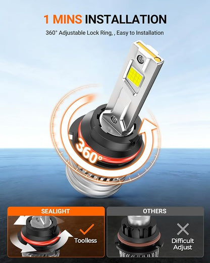 SEALIGHT H13 Bulbs, 90,000LM 14X Brightness, 9008 H13 6500K White, IP68 Waterproof 70000Hrs Lifespan, 5X Heat Dissipation driving, Plug and Play, 2 Pack