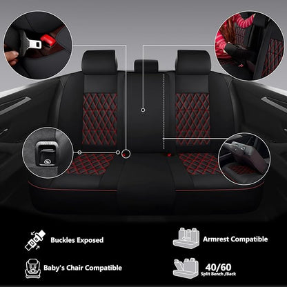 NS YOLO Leather Car Seat Covers,Universal Fit for Most Cars,SUVs and Sedans,Waterproof Luxury Leatherette Cushions, 5 Seats Protectors (Black and Red, Full Set-5 Seats(Front and Rear))
