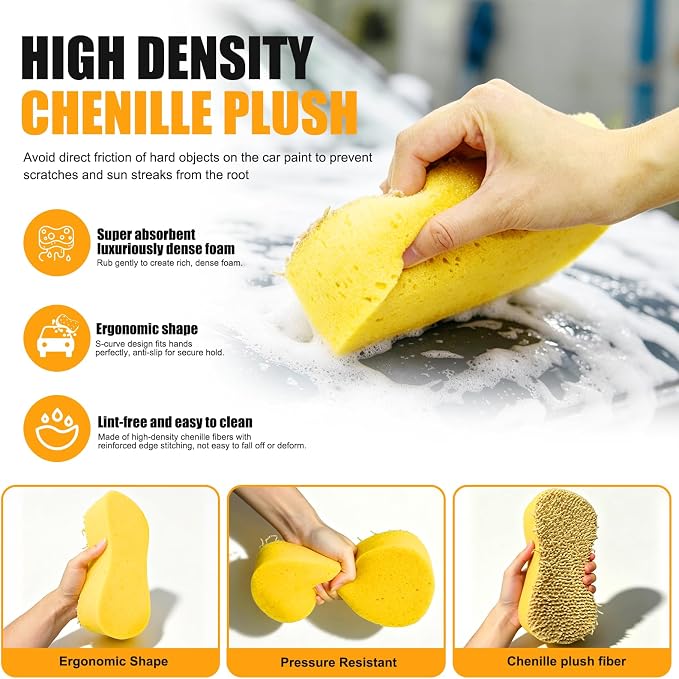 Car Wash Sponge 2 Pack - Large Plush Scratch-Free Cleaning Sponges, High Foam Long-Hair Microfiber Wash Sponge for Cars Trucks SUVs & Household Use