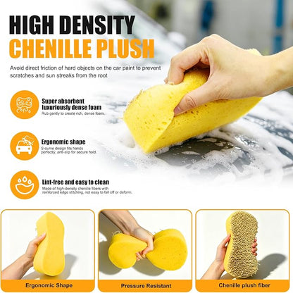 Car Wash Sponge 2 Pack - Large Plush Scratch-Free Cleaning Sponges, High Foam Long-Hair Microfiber Wash Sponge for Cars Trucks SUVs & Household Use