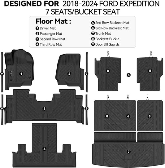 Floor Mats for 2018-2024 Ford Expedition 7 Seats/Captain Chairs, Trunk Mat and 2nd/3rd Backrest Mat & Door Sill Guard All Weather TPE Protector for Ford Expedition Accessories