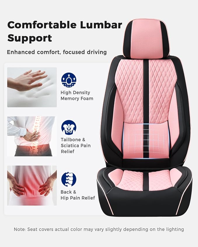 Huidasource Seat Covers Full Set, Luxury Nappa Leather Seat Covers with Velcro Adjustable, Airbag, Lumbar Support, Cooling ＆ Heating, Pink Car Seat Covers Fit for Most Cars SUV Trucks, Black＆Pink