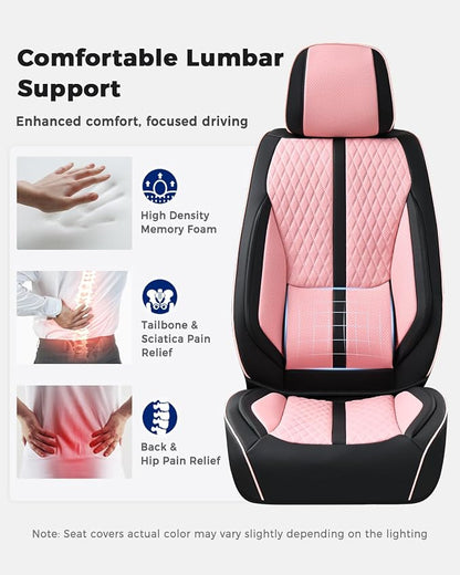 Huidasource Seat Covers Full Set, Luxury Nappa Leather Seat Covers with Velcro Adjustable, Airbag, Lumbar Support, Cooling ＆ Heating, Pink Car Seat Covers Fit for Most Cars SUV Trucks, Black＆Pink