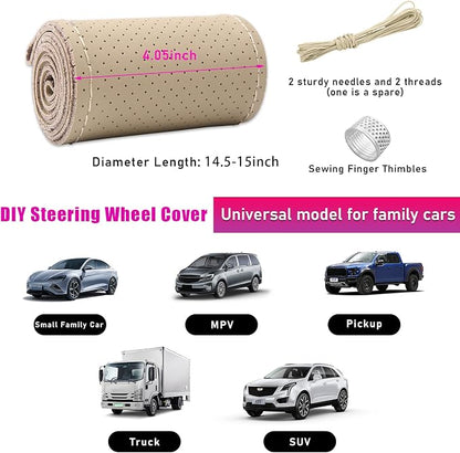 Ziciner Genuine Leather Steering Wheel Cover, Stitch on Wrap, Breathable Anti-Slip Car Steering Wheel Protector for Max Diameter 15 Inch, DIY Sewing with Needles Thread (Beige, Hole)