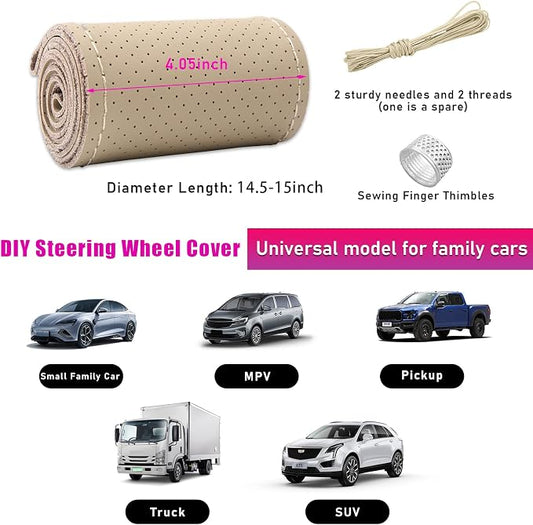 Ziciner Genuine Leather Steering Wheel Cover, Stitch on Wrap, Breathable Anti-Slip Car Steering Wheel Protector for Max Diameter 15 Inch, DIY Sewing with Needles Thread (Beige, Hole)