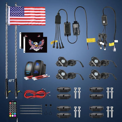 Nilight 2PCS 4FT RGB LED Whip Light with Spring Base and 4 PCS Rock Lights Combo, Remote App Control w/DIY Chasing Patterns Turn Signal Brake Reverse Antenna Lighted Whips for ATV UTV Polaris RZR Jeep