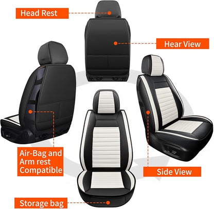 HChengkikz Car Seat Covers Full Set, Breathable Nappa Leather Seat Covers, Horizontal Stripes Automotive Seat Covers, Universal Seat Cushions for Sedan SUV Truck (5 PCS Full Set, Black + Cream)