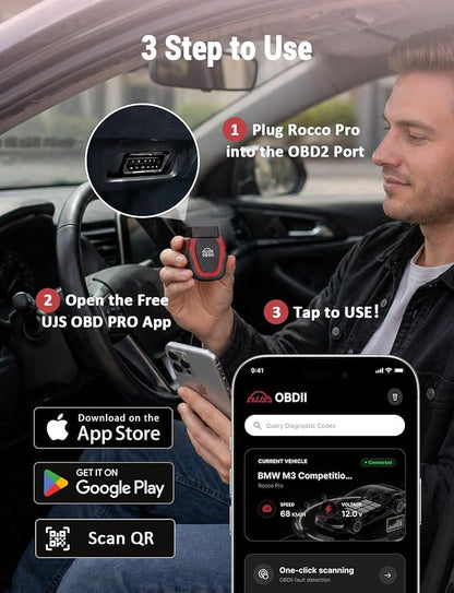 Rocco Pro OBD2 Scanner Bluetooth for iPhone & Android, No Subscription, Full System Car Diagnose with AI Repair Guide, ABS/SRS/Transmission Code Reader, Used Car Inspector, Vehicles 1996+