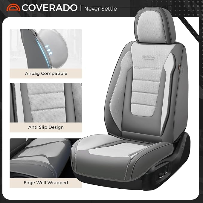 Coverado Car Seat Covers Front, Seat Covers for Cars, Waterproof 2-Pack Car Seat Cushion, Leather Carseat Seat Protectors, Universal Seat Covers Fit for Most Sedans SUV Pick-up Trucks(Gray&Light Gray)