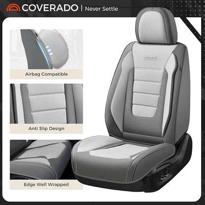 Coverado Car Seat Covers Front, Seat Covers for Cars, Waterproof 2-Pack Car Seat Cushion, Leather Carseat Seat Protectors, Universal Seat Covers Fit for Most Sedans SUV Pick-up Trucks(Gray&Light Gray)
