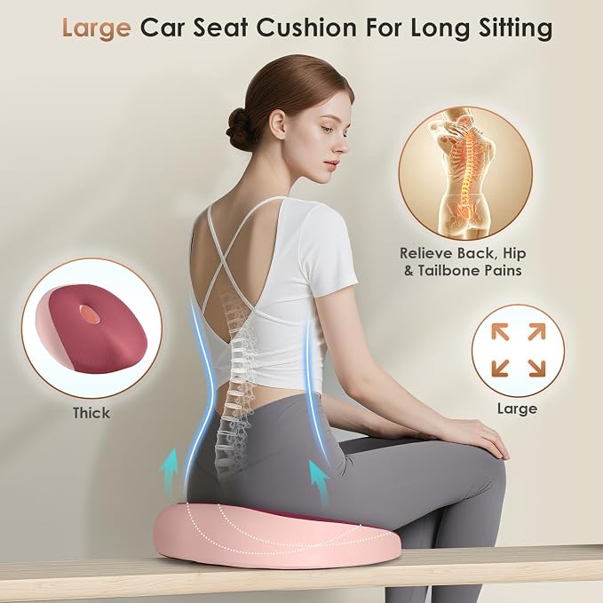 FLORICH Large Car Seat Cushion for Long Sitting, Ergonomic Memory Foam Driving Seat Cushion for Back & Sciatica Pain Relief, Non-Slip Washable Seat Cushion for Car, Driver, Office-Pink