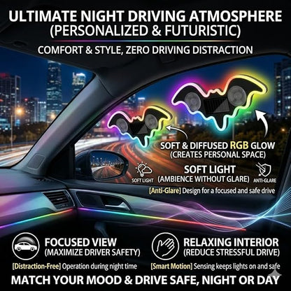 Solar Powered Bat LED Car Light, Wireless RGB Visor Atmosphere Lamp | 100% solar powered bat-shaped LED car lamp. Wireless RGB ambient light with dual smart motion light sensors & suction cup.