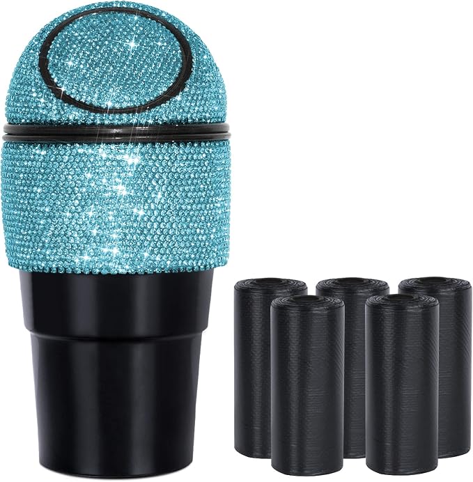 eing Car Trash Can Bling Crystal Auto Mini Trash Bin for Car Office Home Women,Car Cup Holder Garbage Can with Lid,Blue
