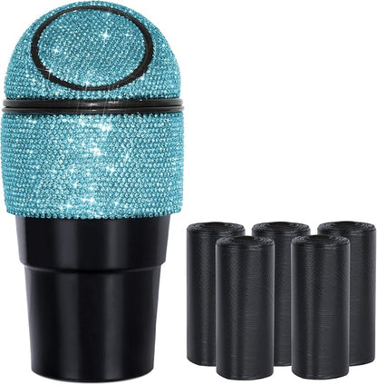eing Car Trash Can Bling Crystal Auto Mini Trash Bin for Car Office Home Women,Car Cup Holder Garbage Can with Lid,Blue