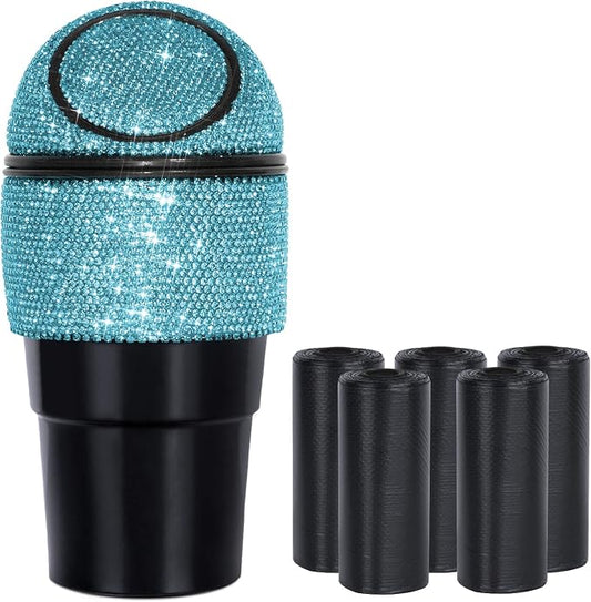 eing Car Trash Can Bling Crystal Auto Mini Trash Bin for Car Office Home Women,Car Cup Holder Garbage Can with Lid,Blue