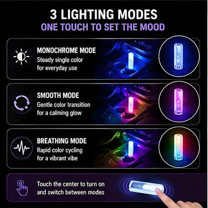 USB Car Interior Lights 2 Pack, RGB Ambient LED Car Lights with 7 Colors, 3 Lighting Modes & Touch Control, Plug-and-Play USB Mood Light for Cars, Trucks, SUVs, Bedroom, Desk, Gaming Room