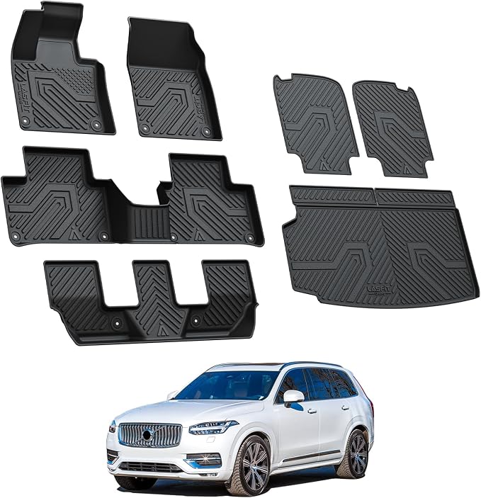 LASFIT Floor Mats & Cargo Mat & Backrest Mats for Volvo XC90 2016-2026 (Only for 7 Seats &T8 PHEV) All Weather TPE Mats Custom Fit Floor Liner for XC90 1st&2nd&3rd Row Car Mats & Cargo Liner, Black