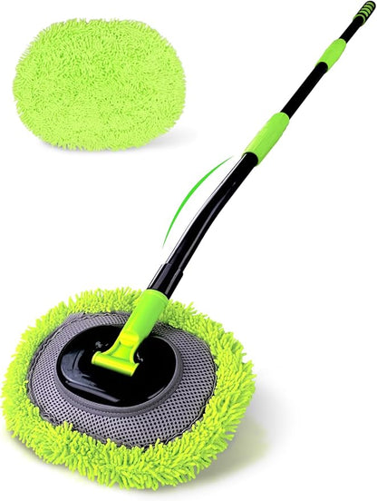 Curved Car Wash Brush Mop 47" with Long Handle Sturdy Metal Pole 3 Grip Points Washing Wand Auto Cleaning Tool Kit Scratch-Free Chenille Microfiber Soft Duster for Cars RV SUV Truck Caravan Van Window