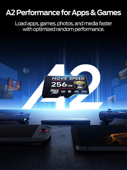 MOVE SPEED 256GB Professional microSDXC Memory Card, U3 V30 A2, Up to 170MB/s Read, 4K UHD Recording, High-Speed TF Card for Cameras, Drones, Dash Cams, Android & Handheld Gaming