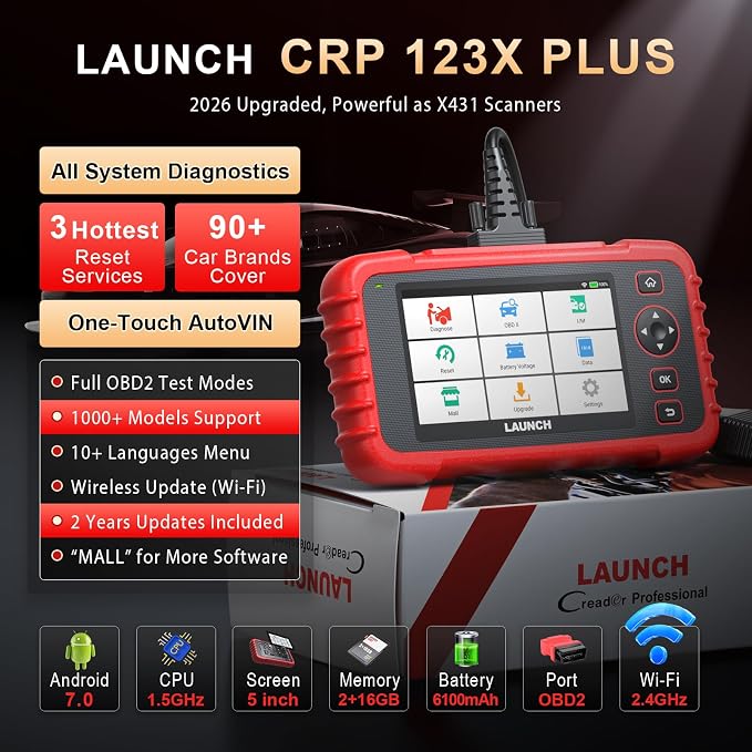 Launch OBD2 Scanner Full System Scan Tool CRP123X Plus V2.0 2026, Lifetime Free Update Car Scanner with SAS/Throttle/Oil Reset,Auto VIN OBD2, FCA SGW, Battery Test Scanner Code Reader