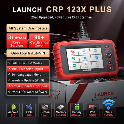 Launch OBD2 Scanner Full System Scan Tool CRP123X Plus V2.0 2026, Lifetime Free Update Car Scanner with SAS/Throttle/Oil Reset,Auto VIN OBD2, FCA SGW, Battery Test Scanner Code Reader