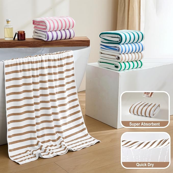 JML Microfiber Towels, Bath Towel Sets (4 Pack, 27" x 55") - Extra Large, Soft, Absorbent, Fast Drying, Multipurpose for Hair Wrap, Swimming, Fitness, Sports, Yoga -Stripe Coffee