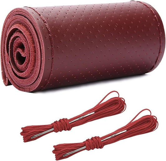 Wevdn Genuine Leather Steering Wheel Cover, Stitch on Wrap, DIY Sewing Steering Wheel Protector, 15 Inch Breathable Non-Slip Steering Wheel Protector, Car Accessories (Wine Red, Full Hole)