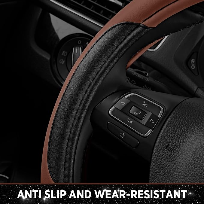 Road Comforts Leather Steering Wheel Cover - Made with PVC Leather - Anti-Slip Steering Wheel Cover Universal Fit Most 14 1/2 inches to 15 inches - Brown Color