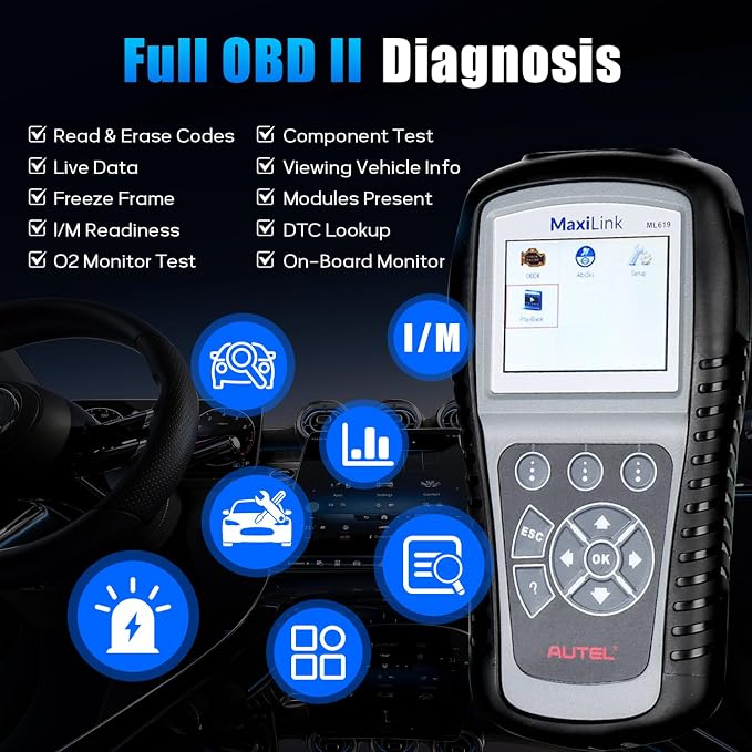 Autel MaxiLink ML619 OBD II Scanner - Same as AL619, ABS & SRS Diagnostic Tool for 1996+ Vehicles, Up of AL519 ML519, Code Reader with Live Data & Troubleshooting Tips