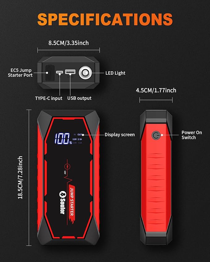 Jump Starter, 5000A Battery Jumper Starter Portable, Car Battery Jump Starter, Power Booster Pack 12V Lithium Jump Box with Jumper Cable and LED Lights (All Gas / 12L Diesel Engines)