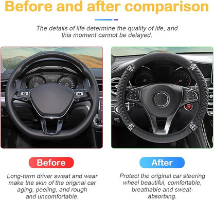 Osilly Bling Car Steering Wheel Cover, 15 Inch Rhinestones Soft Leather Elastic Steering Wheel Protector, Sparkly Crystal Diamond for Women Girls, Car Interior Accessories for Most Cars (Black)