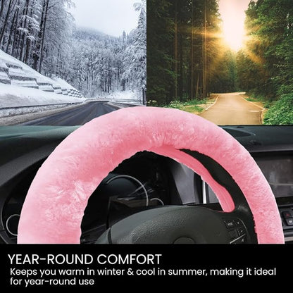 Andalus Brands Luxury Fluffy Car Steering Wheel Covers – Genuine Merino Sheepskin, Soft Fuzzy Car Steering Wheel Cover for Women, Universal 14.5-15" Size, Plush Fur Cute Auto Accessories, Pink