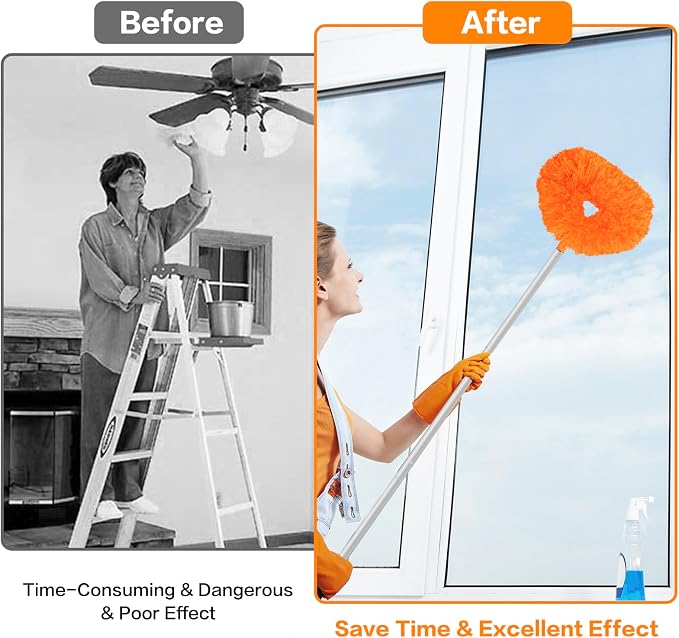 Ceiling Fan Cleaner Duster Reusable Microfiber Ceiling Fan Blade Cleaner Removable Duster with Extension Pole Adjusts 13 to 49.7 Inch for Cleaning Walls Bookshelves Furniture Door Window Top (Orange)