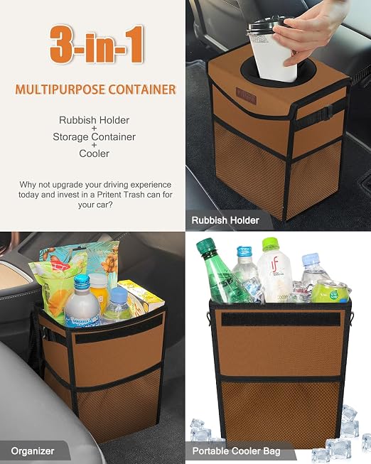 Pritent Car Trash Can with Lid, Cute Leakproof Car Trash Garbage Bag Hanging Vehicle Trash Bin Small Portable Automotive Garbage Cans Organizer for Back/Front Seat(Trapezoid,Brown)